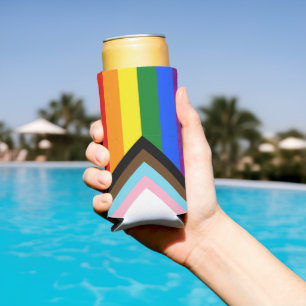 SlipperyJoe's Progress Pride Flag gay gifts LGBTQI Seltzer Can Cooler