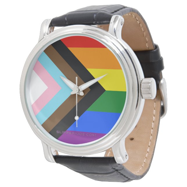 SlipperyJoe's Progress Pride Flag gay gifts LGBTQI Watch (Angled)