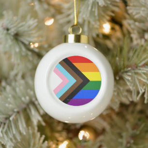 SlipperyJoe's Progress Pride Flag six classic hori Ceramic Ball Christmas Ornament