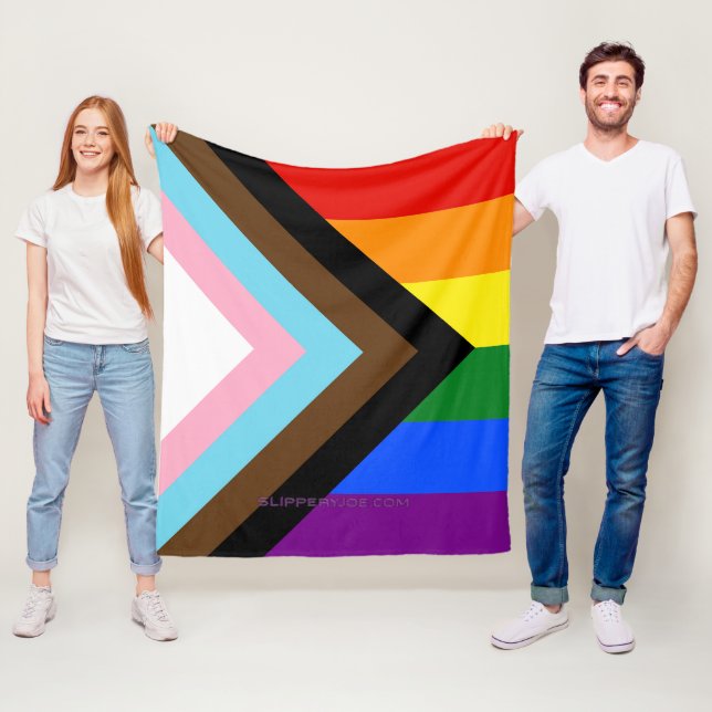 SlipperyJoe's Progress Pride Flag six classic hori Fleece Blanket (In Situ)