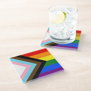 SlipperyJoe's Progress Pride Flag six classic hori Glass Coaster