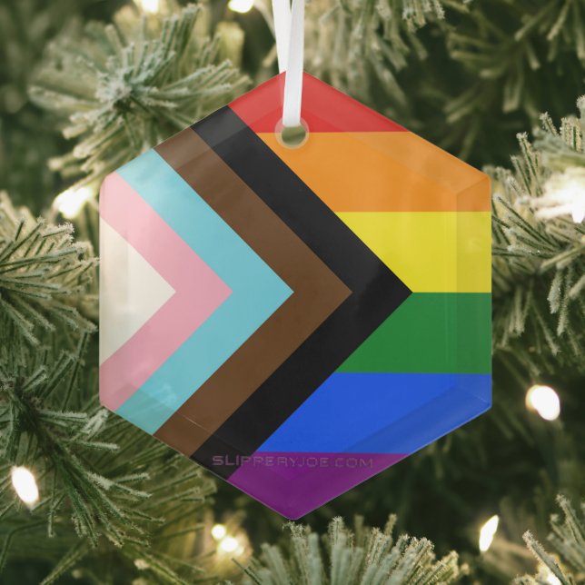 SlipperyJoe's Progress Pride Flag six classic hori Glass Tree Decoration (Insitu)