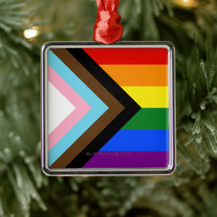 SlipperyJoe's Progress Pride Flag six classic hori Metal Tree Decoration
