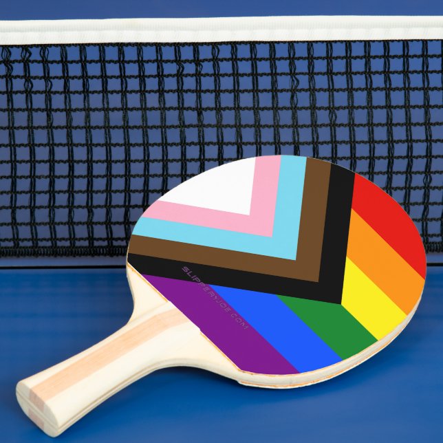 SlipperyJoe's Progress Pride Flag six classic hori Ping Pong Paddle (Insitu)