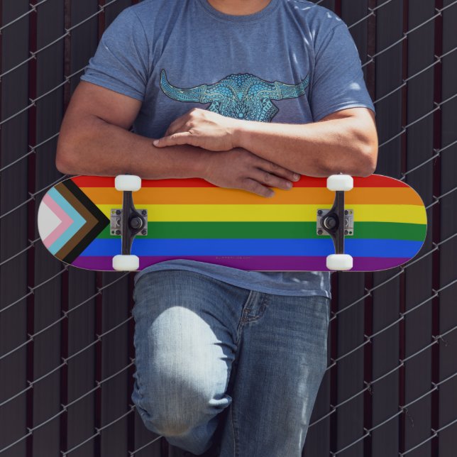 SlipperyJoe's Progress Pride Flag six classic hori Skateboard (Outdoor 3)
