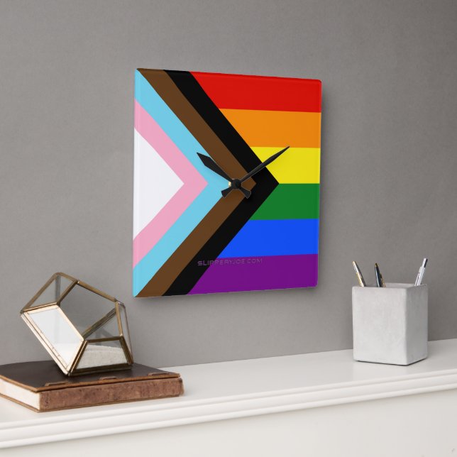 SlipperyJoe's Progress Pride Flag six classic hori Square Wall Clock (Office)