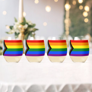 SlipperyJoe's Progress Pride Flag six classic hori Stemless Wine Glass