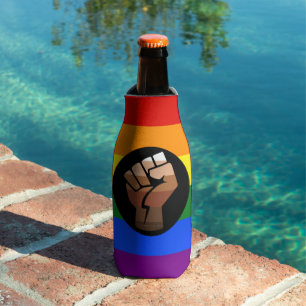SlipperyJoe's queer people colour flag raised fist Bottle Cooler