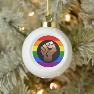 SlipperyJoe's queer people colour flag raised fist Ceramic Ball Christmas Ornament