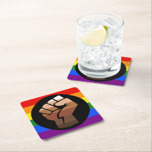 SlipperyJoe's queer people colour flag raised fist Square Paper Coaster