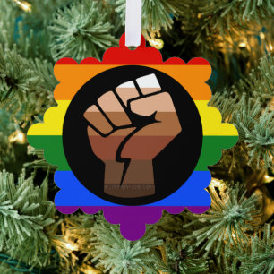 SlipperyJoe's queer people colour flag raised fist Tree Decoration Card