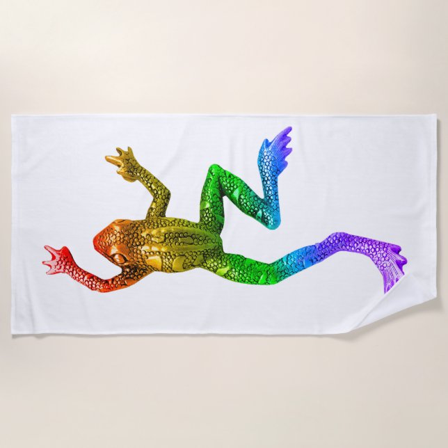 SlipperyJoe's rainbow coloured frog rendered sculp Beach Towel (Front)