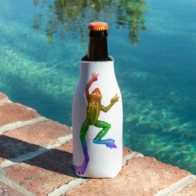 SlipperyJoe's rainbow coloured frog rendered sculp Bottle Cooler (In Situ Pool)