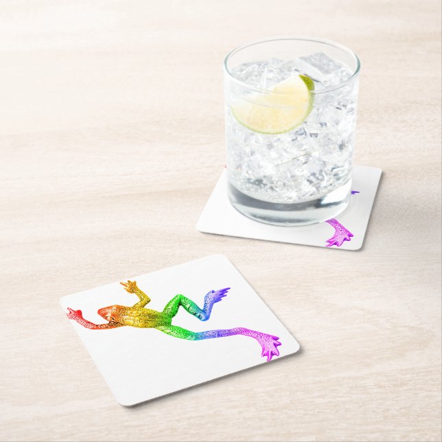 SlipperyJoe's rainbow coloured frog rendered sculp Square Paper Coaster (Insitu)