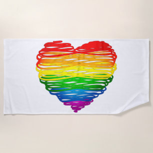 SlipperyJoe's rainbow coloured heart scribbled swi Beach Towel
