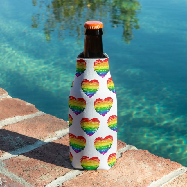 SlipperyJoe's rainbow coloured heart scribbled swi Bottle Cooler (In Situ Pool)