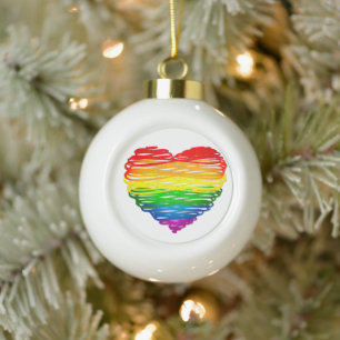 SlipperyJoe's rainbow coloured heart scribbled swi Ceramic Ball Christmas Ornament