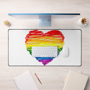 SlipperyJoe's rainbow coloured heart scribbled swi Desk Mat
