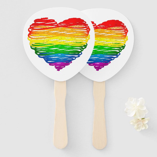 SlipperyJoe's rainbow coloured heart scribbled swi Hand Fan (Front and Back)