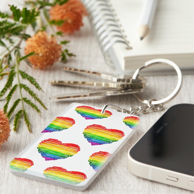 SlipperyJoe's rainbow coloured heart scribbled swi Key Ring (Front Right)