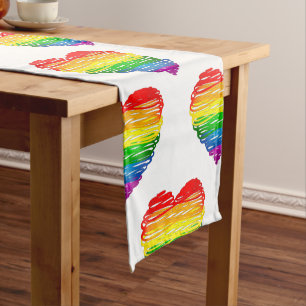 SlipperyJoe's rainbow coloured heart scribbled swi Short Table Runner