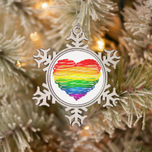 SlipperyJoe's rainbow coloured heart scribbled swi Snowflake Pewter Christmas Ornament