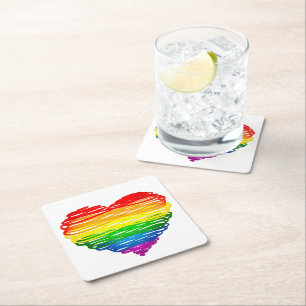 SlipperyJoe's rainbow coloured heart scribbled swi Square Paper Coaster