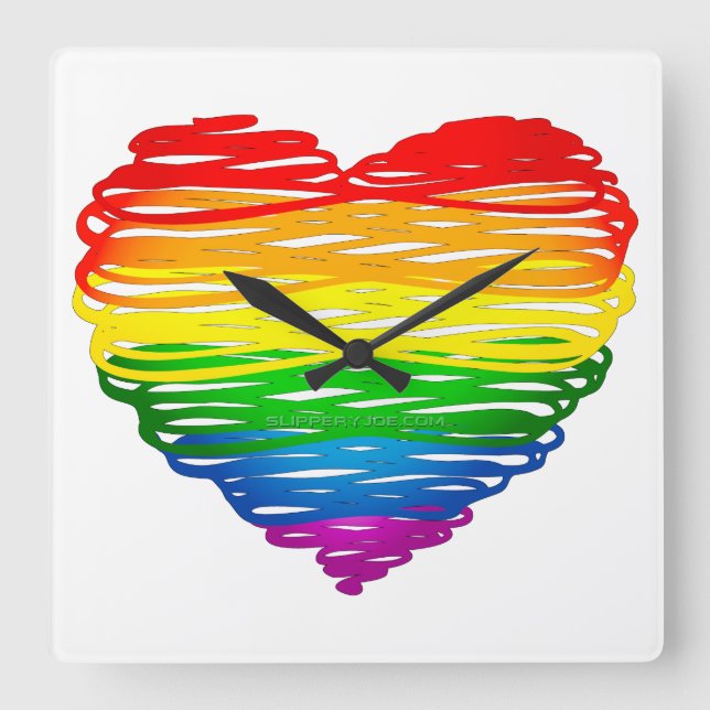 SlipperyJoe's rainbow coloured heart scribbled swi Square Wall Clock (Front)