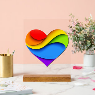 SlipperyJoe's rainbow layered heart shape red oran Acrylic Sign