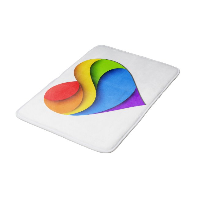 SlipperyJoe's rainbow layered heart shape red oran Bath Mat (Angled)