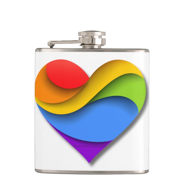 SlipperyJoe's rainbow layered heart shape red oran Hip Flask (Front)