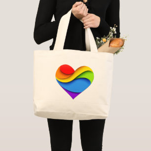 SlipperyJoe's rainbow layered heart shape red oran Large Tote Bag