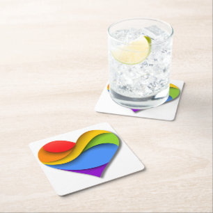 SlipperyJoe's rainbow layered heart shape red oran Square Paper Coaster