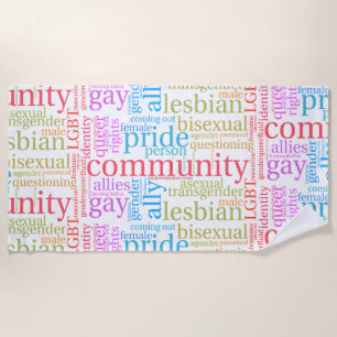 SlipperyJoe's rainbow LGBTQ+ community word cloud  Beach Towel