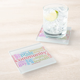 SlipperyJoe's rainbow LGBTQ+ community word cloud  Glass Coaster