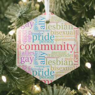 SlipperyJoe's rainbow LGBTQ+ community word cloud Glass Tree Decoration