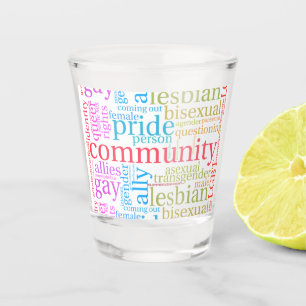 SlipperyJoe's rainbow LGBTQ+ community word cloud Shot Glass
