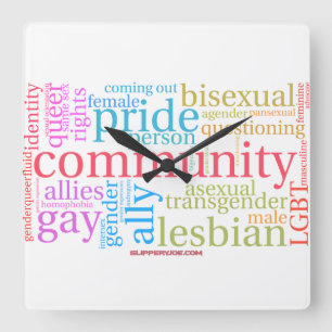 SlipperyJoe's rainbow LGBTQ+ community word cloud Square Wall Clock