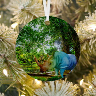SlipperyJoe's rhinoceros lush tropical setting pri Metal Tree Decoration