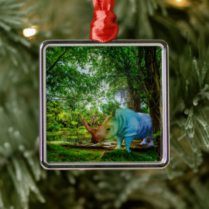 SlipperyJoe's rhinoceros lush tropical setting pri Metal Tree Decoration
