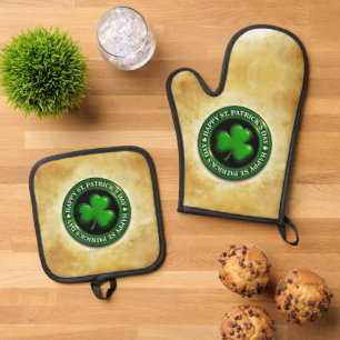 SlipperyJoe's Saint Patrick's Day glossy three lea Oven Mitt & Pot Holder Set