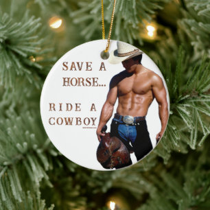 SlipperyJoe's Save a horse Ride A Cowboy hat muscu Ceramic Tree Decoration