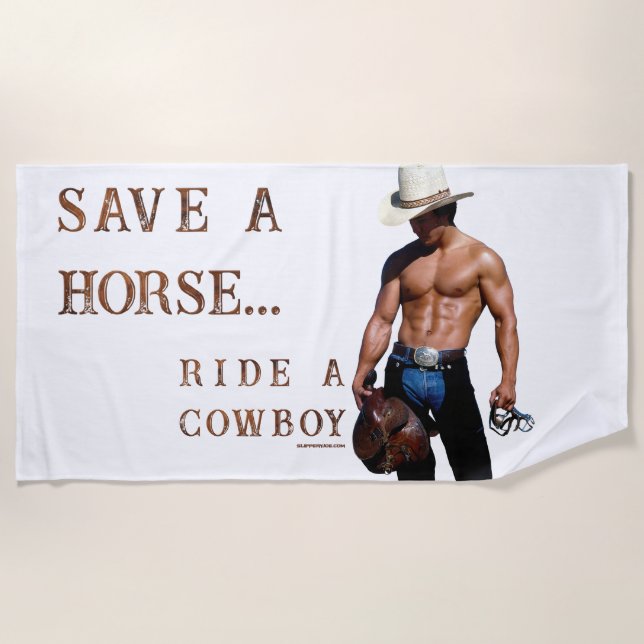 SlipperyJoe's save horse ride straw cowboy hat mus Beach Towel (Front)