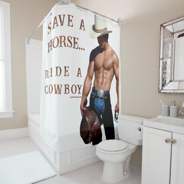 SlipperyJoe's save horse ride straw cowboy hat mus Shower Curtain (In Situ)