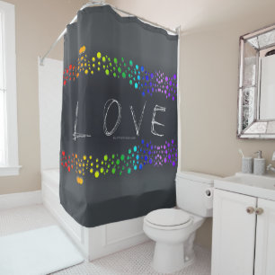 SlipperyJoe's scribbled love word rainbow gradient Shower Curtain