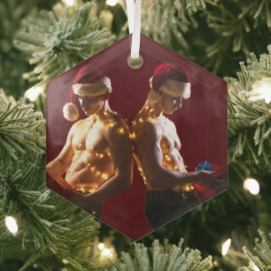 SlipperyJoe's shirtless men back-to-back Christmas Glass Tree Decoration