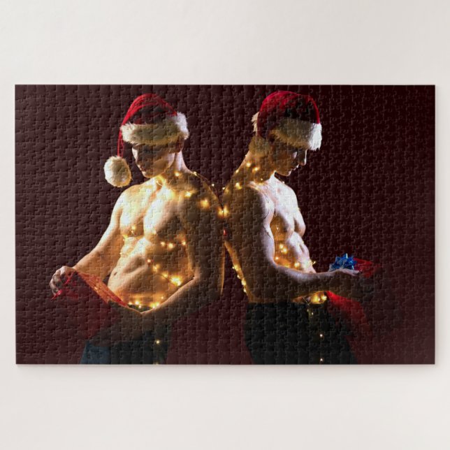 SlipperyJoe's shirtless men back-to-back Christmas Jigsaw Puzzle (Horizontal)