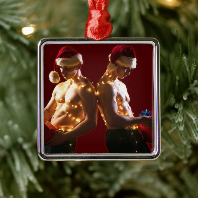 SlipperyJoe's shirtless men back-to-back Christmas Metal Tree Decoration (Tree)