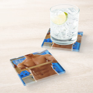 SlipperyJoe's shirtless muscular man abs chest sho Glass Coaster