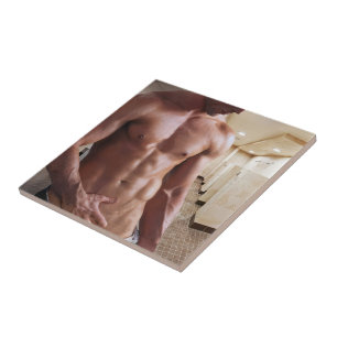 SlipperyJoe's shirtless muscular man torso sixpack Tile